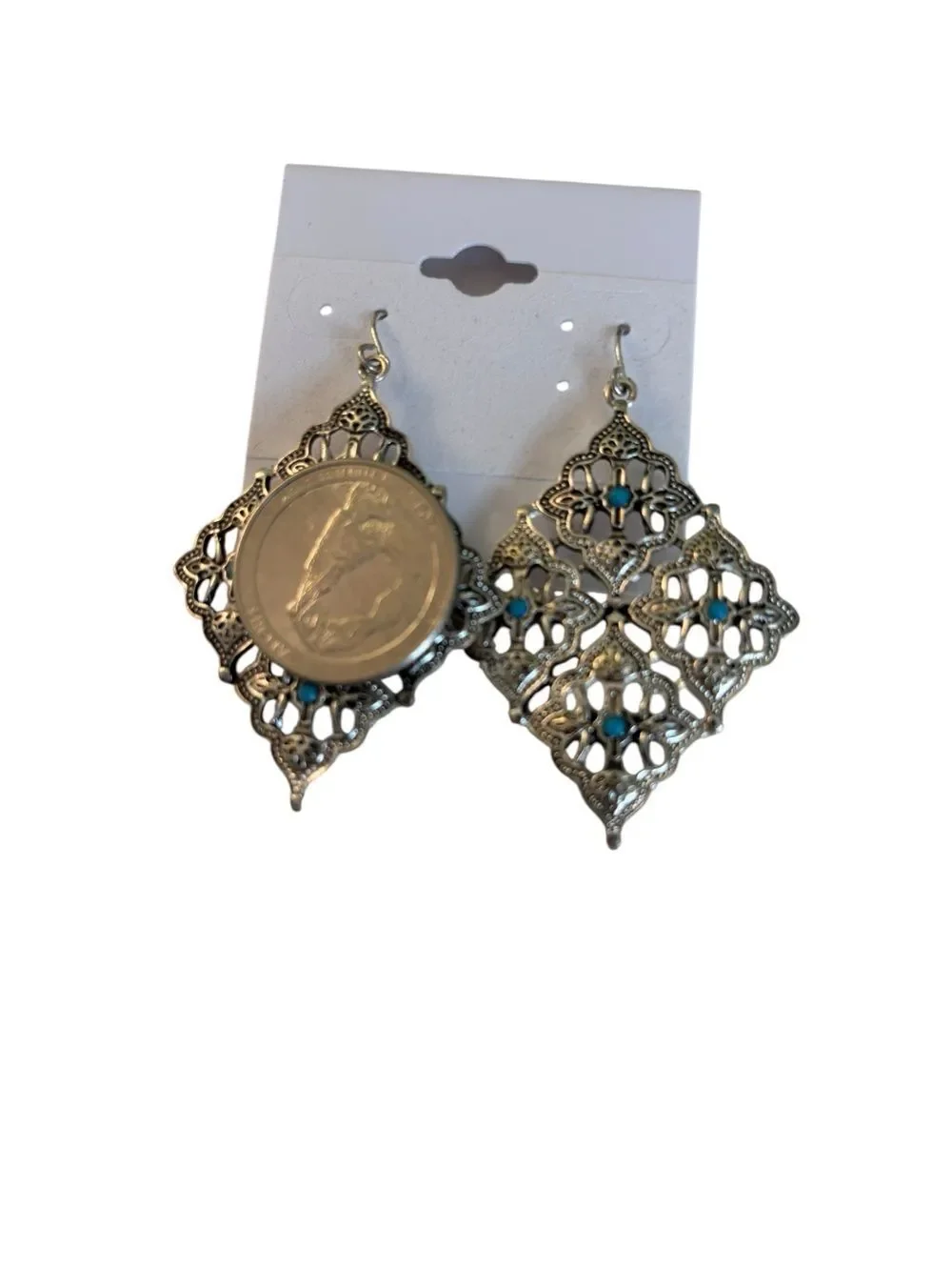 Antique Style Silver Toned Filigree Diamond-Shaped Earrings w/Turquoise Accents.
